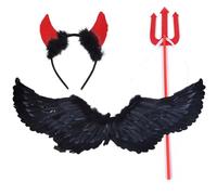 MOMAHUA【3 Pièces】 Ailes de Diable, Cornes du Diable, Ailes d'ange de Fête, 80cm avec Halo Auréole et Baguette Magique | Costume Fête Angélique pour Halloween, Noël, Cosplay, Déguisement Adulte/Enfant