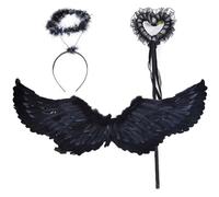 MOMAHUA【3 Pièces】 Ailes de Diable, Cornes du Diable, Ailes d'ange de Fête, 80cm avec Halo Auréole et Baguette Magique | Costume Fête Angélique pour Halloween, Noël, Cosplay, Déguisement Adulte/Enfant