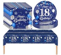 MOMAHUA 37 Pièces Ensemble de Vaisselle de Fête Anniversaire,18e Anniversaire Blue Shattered Silver Tableware,Avec Assiettes,Serviettes,Nappe pour 16 personnes