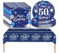 MOMAHUA 37 Pièces Ensemble de Vaisselle de Fête Anniversaire,50e Anniversaire Blue Shattered Silver Tableware,Avec Assiettes,Serviettes,Nappe pour 16 personnes