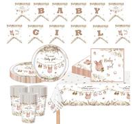 MOMAHUA 63 Pièces Vaisselles Fête Baby Shower Fille, Rose Service de Table en Papier Décoration avec Assiettes,Serviettes,Gobelets,Nappe,Banderole,Fournitures pour Fête de Naissance-16 Invités