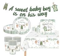 MOMAHUA 63 Pièces Vaisselles Fête Baby Shower Garçon,Vert Sauge Service de Table en Papier Décoration avec Assiettes,Serviettes,Gobelets,Nappe,Banderole,Fournitures pour Fête de Naissance-16 Invités