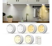 Moman Éclairage Placard LED 6 Pièces, 3 Températures de Couleur Sous Meuble avec Télécommande, Dimmable, à Piles, Minuterie, Lumière Vitrine Veilleuse pour Cuisine, Chambre (T048)