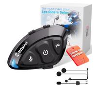 Moman Système de communication Bluetooth pour casque de moto, casque mono avec haut-parleurs Hi-Fi et réduction du bruit, radio FM, assistant vocal KI, mains libres, étanche IPX6 (conducteur unique)