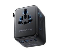 MOMAX Adaptateur Prise Universelle 70W GaN Charge Rapide - Adaptateur de Voyage International 7-en-1 (2 Prises AC + 5 Ports USB 3C/2A) - Compatible UE, États-Unis, Royaume-Uni et 200 Pays