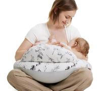 momcozy Coussin d'allaitement avec bordure de sécurité - Coussin ergonomique pour l'allaitement et le maintien avec sangle réglable et housse en coton amovible, feuilles en encre pâle