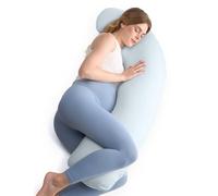 momcozy Coussin de Grossesse en J, pour Dormir sur Le Côté, Bleu | 119x 43 cm, Housse en Coton Tricoté, Amovible et Lavable en Machine, Coussin de Corps Polyvalent, Certifiée OEKO-TEX