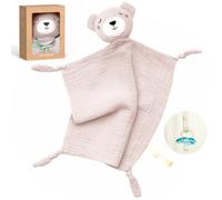 momcozy Doudou Bebe Ours Rose - Mousseline de Coton - pour Bébé et Enfant | Doudou bébé naissance 28 × 28 cm, double couture renforcée, nœuds faciles à saisir, bouton-pression, cadeau naissance fille