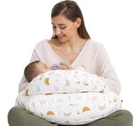 momcozy Grand coussin d'allaitement avec bordure de sécurité - Coussin d'allaitement et de positionnement ergonomique avec sangle réglable et housse en coton amovible - Étoiles et lune