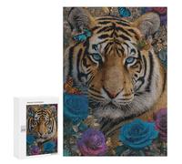 Moment Puzzle - Tiger with Flowers and Butterflies-1, 300 PCS, Jeu D’Assemblage en Bois, Soirée Puzzle en Famille, pour Un Loisir Créatif en Intérieur