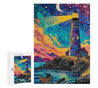 Moment Puzzle - Whimsical Lighthouse Night Scene, 300 PCS, Jeu D’Assemblage en Bois, Cadeau pour Les Fêtes De Fin D’année, pour Se Détendre À La Maison sans Écran