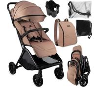MoMi ANDREA - Poussette auto-pliant 0m+ jusqu’à 22 kg - Légère 7,3 kg - Barre rotative - Kit accessoires + sac à dos - Marron