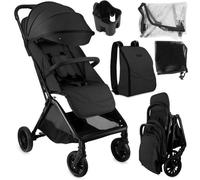 MoMi ANDREA - Poussette auto-pliant 0m+ jusqu’à 22 kg - Légère 7,3 kg - Barre rotative - Kit accessoires + sac à dos - Noir