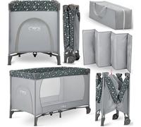 Momi – Lit parapluie bébé pliant Belove – Matelas, sac transport, accès latéral, 2 roulettes – Gris