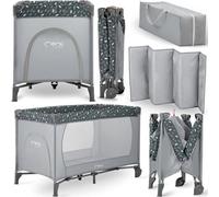 Momi – Lit parapluie bébé pliant Belove – Matelas, sac transport, accès latéral, 2 roulettes – Gris