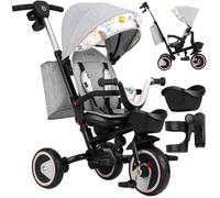 MoMi INVIDIA - Tricycle Bébé Évolutif 5-en-1 - 9m-5ans - Siège Réglable - Poignée Parent - Sac & Porte-Gobelet - Gris