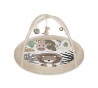 MoMi LUANI Arche de jeu avec tapis d’éveil, Ø 72 cm (à l'intérieur), rebord de 10 cm de haut, 6 jouets lavables: miroir, jouet couineur, girafe en peluche avec hochet, deux anneaux de dentition