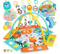MoMi MULTI - Tapis d’Éveil Bébé 3-en-1 - Bords Relevés - Arche + 4 Jouets - Panier Filet - 30 Balles - Rose