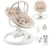 Balancelle MoMi Pearl 9 kg, siège 360°, LED, Bluetooth, télécommande, piles ou secteur, câble USB, harnais 5 points, arche avec jouets