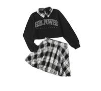 Momkonzz Ensemble jupe à carreaux pour filles - Imprimé - Haut polo - 7-14 ans, Ensemble à carreaux noirs, 11-12 ans