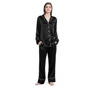 Mommesilk Pyjama en soie pour femme - Ensemble deux pièces confortable - Col en V - Col cranté - Manches longues - 19 mommes - En soie de mûrier, Noir , XL
