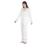 Mommesilk Pyjama en soie pour femme - Ensemble deux pièces confortable - Col en V - Col cranté - Manches longues - 19 mommes - En soie de mûrier, ivoire, S