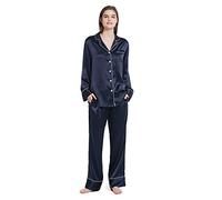 Mommesilk Pyjama en soie pour femme - Ensemble deux pièces confortable - Col en V - Col cranté - Manches longues - 19 mommes - En soie de mûrier, bleu marine, XS