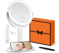 MOMOKUBA Miroir cosmétique avec éclairage, grossissant 30x, miroir cosmétique avec grossissement et éclairage 3 couleurs, miroir de maquillage réglable en hauteur, blanc