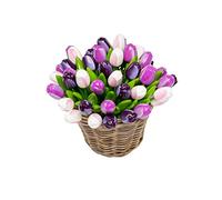 MomoMoments 50 Tulipes en Bois dans Un Panier en Osier 34 cm de Haut Bouquet Peint à la Main décoration Fleurs en Bois Cadeau d'anniversaire fabriqué aux Pays-Bas