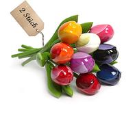 MomoMoments Set de 2 Bouquets de Tulipes, Tulipes en Bois, 2 x 9 Tulipes artificielles peintes à la Main, 21cm, Bouquet, décoration, Cadeau fête des mères, Made in Holland