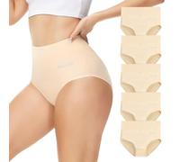 Momoshe Culotte Femme Coton Taille Haute Lot de 5 Elasticité Ventre Plat Post Accouchement Gainante Slip Shorts pour Femmes Beige L