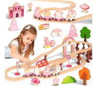 MOMOSTAR 74 Pièces Thème Licorne Rose Circuit Train Bois Enfant, Licorne Cadeau Fille 3 4 5 Ans Comprend des Ornements Tels Que des Châteaux, des Licornes Et des Princesses, Jouet Fille 3-5 Ans