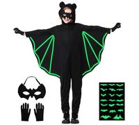MOMOSTAR Deguisement Halloween Chauve-souris Enfant, Lumineux Costume Chauve Souris Enfant avec Masque, Gants et Lumineux Tatouages, Halloween Fête Cosplay Costume pour Fille et Garcon (XL)