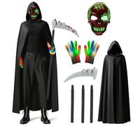 MOMOSTAR Deguisement Halloween Faucheuse, Halloween Costume Faucheuse Adulte, Déguisement Halloween Homme, Grim Reaper Costume avec Robe Noire Masque Gants lumineux, Cosplay Costume
