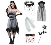 MOMOSTAR Déguisement Mariée Zombie, Deguisement Halloween Femme avec Collier et Voile de Rose, Robe Mariee Dentelle Bustier, Corpse Bride Costume Adulte pour Halloween Jeu de rôle Carnaval Party (M)