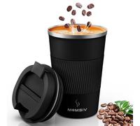 MOMSIV Gobelet isotherme, 380 ml, antidérapant, en acier inoxydable, double paroi, isolé sous vide, anti-fuite, avec couvercle, noir