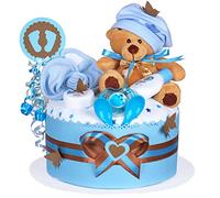 MomsStory - Gâteau à couches garçon - Ours de Bouddy - Cadeau de naissance naissance de bébé - 1 bâton (bleu marron) avec peluche, tétine et plus