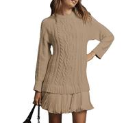 Momuk Robe Pull Femme en Tricot Torsadée Pull à Col Rond et Manches Longues et Mini-Jupe Plissée Robe Patchwork Deux en Un (Kaki S)