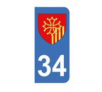 Mon Blason - Autocollants 34 avec Blason Région Languedoc-Roussillon pour Plaque Immatriculation Moto - Bleu - 6.3 x 2.9 cm - Fabriqué en France