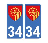 Mon Blason - Autocollants 34 avec Blason Région languedoc-Roussillon pour Plaque Immatriculation Voiture - Bleu - 9.8 x 4.5 cm - Fabriqué en France
