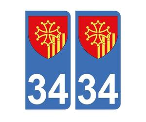 Mon Blason - Autocollants 34 avec Blason Région languedoc-Roussillon pour Plaque Immatriculation Voiture - Sticker Bleu - 9.8 x 4.5 cm - Fabriqué en France