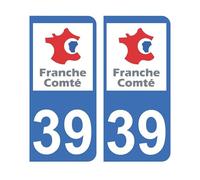 Mon Blason - Autocollants 39 avec Logo Officiel Région Franche-Comté pour Plaque Immatriculation Voiture - Sticker Bleu - 9.8 x 4.5 cm - Fabriqué en France