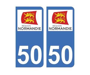 Mon Blason - Autocollants 50 avec Logo Nouvelle Région Normandie pour Plaque Immatriculation Voiture - Sticker Bleu - 9.8 x 4.5 cm - Fabriqué en France