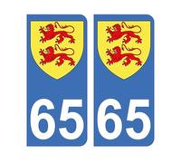 Mon Blason - Autocollants 65 Blason Département Hautes-Pyrénées pour Plaque Immatriculation Voiture - Sticker Bleu - 9.8 x 4.5 cm - Fabriqué en France