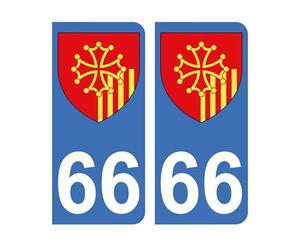 Mon Blason - Autocollants 66 avec Blason Région languedoc-Roussillon pour Plaque Immatriculation Voiture - Sticker Bleu - 9.8 x 4.5 cm - Fabriqué en France