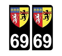 Mon Blason - Autocollants 69 Blason Du Département Du Rhône Au Format Plaque Immatriculation Voiture - Noir - 9.8 x 4.5 cm - Fabriqué en France