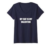 Mon Chat est ma Saint-Valentin T-Shirt avec Col en V, Femme, Bleu Marine, XXL
