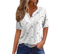 Mon Compte Client a Mazon Vetement Femme Ete Élégant Mode Boheme Boutonné Imprimé Floraux Tunique Henley Chemisier Sexy Coupe Col V Manches Courtes Basique Tee Haut Haut Femme Chic(Blanc,L)