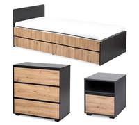 Mon Mobilier Design Dalia Chambre Enfant Adolescent avec lit, Chevet, Commode Anthracite/Chêne