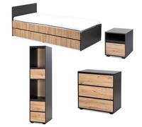 Mon Mobilier Design Dalia Chambre Enfant Adolescent avec lit, Chevet, Commode, Etagère Anthracite/Chêne